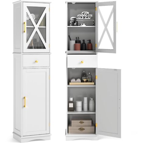 Mobiletto alto per bagno, spazio di archiviazione stretto Mobile con cassetto, 2 ante e 3 ripiani regolabili, colonna per lavanderia sottile per cucina e soggiorno, bianco