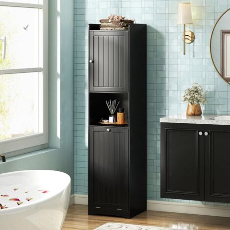 Treocho Armadietto Da Parete Per Bagno, Nero, Con 1 Ripiano Aperto E 1 Ripiano Interno Regolabile, 54,6x16x61 Cm