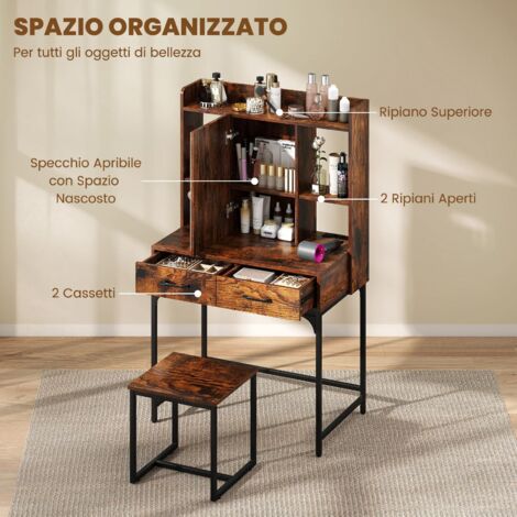 COSTWAY Toeletta Trucco Con 10 LED E Sgabello | Tavolo Con Ricarica USB E Cassetti, Color Caffè – Ideale Per Camera