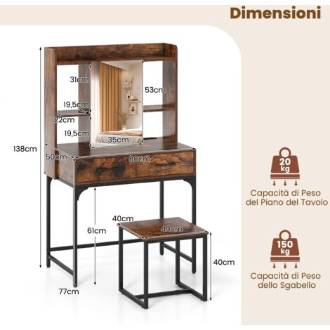 COSTWAY Toeletta Trucco con Specchio e Luci, Tavolo Trucco con Specchio