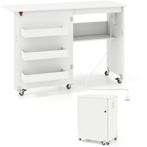 Scrivania pieghevole con stazione di ricarica, tavolo da cucito pieghevole con ripiano e cassetti, mobiletto con ruote e serratura, 116 x 41 x 78 cm, bianco (1/5)