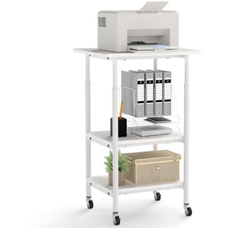 Supporto per stampante regolabile in altezza, carrello per stampante a 3 livelli con ripiani portaoggetti e ruote bloccabili, 49x40x65/77 cm, bianco
