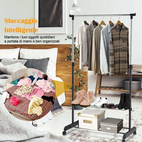 ULIFHOME P9 Appendiabiti Portatile Con 4 Ripiani – Struttura In Acciaio, Altezza 204,5 Cm, 3 Ripiani Regolabili E Ruote Bloccabili – Carico Fino A 190 Kg