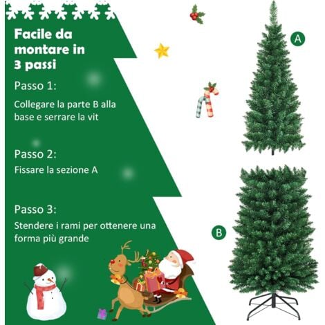 COSTWAY Albero di Natale 150/180/210/240 cm, Albero di Natale Slim con 220/400/700/1000 Rami Folti e Realistici e Base in Metallo, Albero di Natale Artificiale per Casa e Negozio, Verde (180 cm)