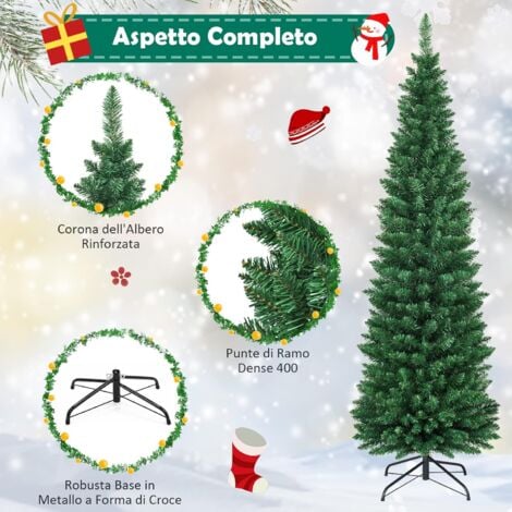 COSTWAY Albero di Natale 150/180/210/240 cm, Albero di Natale Slim con 220/400/700/1000 Rami Folti e Realistici e Base in Metallo, Albero di Natale Artificiale per Casa e Negozio, Verde (180 cm)