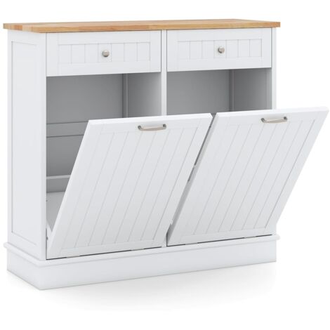 GIANTEX Mobile Cucina Con Pattumiera Doppia Basculante – Piano In Legno Di Gomma, Tagliere Integrato, 2 Cassetti, 100x33x90 Cm, Bianco