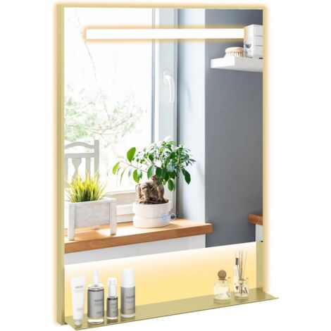 COSTWAY Specchio da Bagno LED 80 x 60 cm con Mensola, Specchio da Trucco con Cornice in Alluminio, Funzione Antiappannamento, 3 Colori di Luce e Luminosità Regolabile