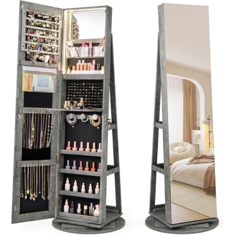 COSTWAY Armadietto Portagioie Girevole a 360°, Specchio Portagioie con Luci LED a 3 Colori, Organizatore da Terra per Gioielli, Con 3 Ripiani e Serratura, 161 x 54,5 x 54,5cm (Grigioverde) (1/5)