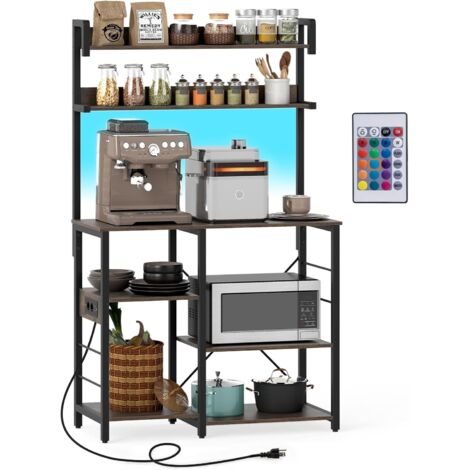 COSTWAY Scaffale da Cucina con Multipresa, Supporto per Microonde a 5 Ripiani con Luci LED, Mensole Portaoggetti, Scaffale Multifunzionale per Cucina Soggiorno Bar, 90 x 40,5 x 147 cm