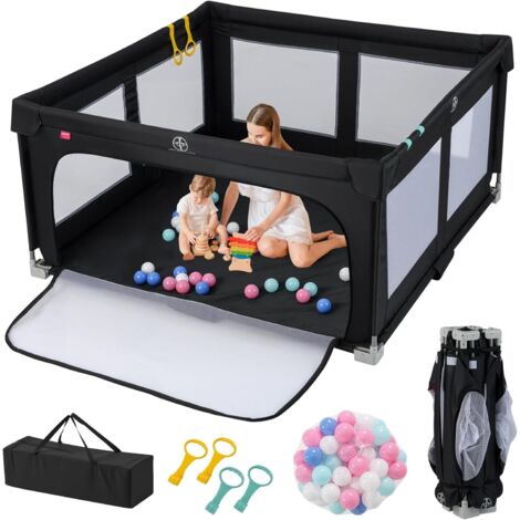 COSTWAY Box per Bambini 150 x 150 cm, Recinto per Neonati Pieghevole in Tessuto Oxford con Rete Traspirante, Centro Attività con 50 Palline, 4 Pezzi Anelli e Borsa (Nero, 150 x 150 cm)