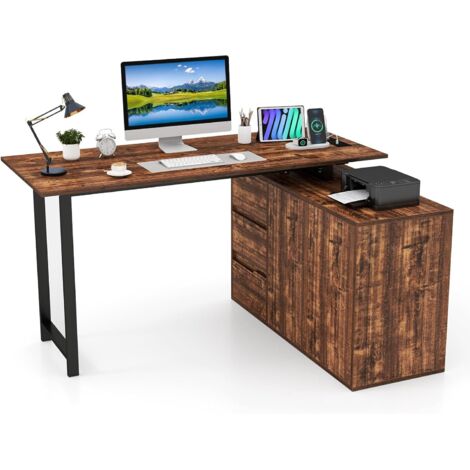 COSTWAY Scrivania Angolare a Forma di L con Presa di Corrente, Scrivania ad Angolo Salvaspazio e Reversibile con 3 Cassetti, Stazione da Lavoro per Ufficio a Casa (Marrone e Nero) (1/5)