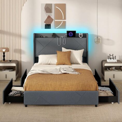 COSTWAY Letto Matrimoniale 160 x 200 cm, Letto Imbottito con Testiera, Luci LED, Stazione di Ricarica, 2 Tasche e 4 Cassetti, Carico 500kg, Silenzioso (1/5)