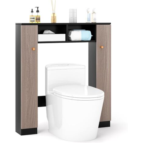 COSTWAY Scaffale Sopra WC 87.5x18x98cm, Mobile per Bagno con Doppia Anta, 2 Scomparti Aperti e 4 Ripiani Regolabili, Armadietto Salvaspazio da Terra per Bagno Lavanderia (Nero)