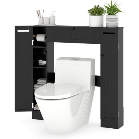 COSTWAY Mobile Sopra WC, Mobile per Bagno con Ripiani Regolabili Portarotolo per Carta Igienica e Anta Ribaltabile, Ideale per Bagno Lavanderia, 89x19,5x99 cm (Nero)