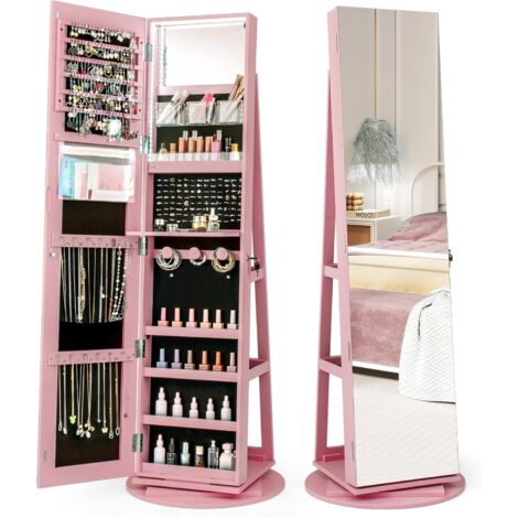 COSTWAY Armadietto Portagioie Girevole a 360°, Specchio Portagioie con Luci LED a 3 Colori, Organizatore da Terra per Gioielli, Con 3 Ripiani e Serratura, 161 x 54,5 x 54,5cm (Rosa) (1/5)