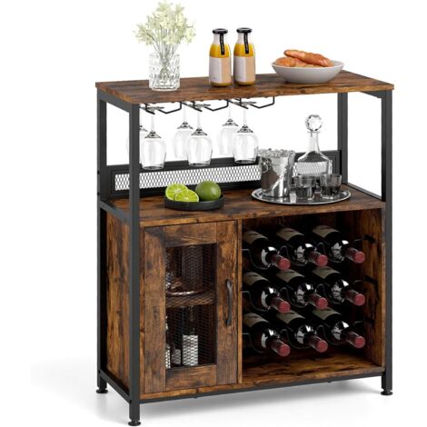 COSTWAY Cantinetta Porta Bottiglie di Vino, Armadietto per Vino con Portabicchieri, Scaffale Aperto e Ripiano Rimovibile, Credenza in Legno Industriale per Cucina e Sala da Pranzo, 75 x 34 x 90,5 cm