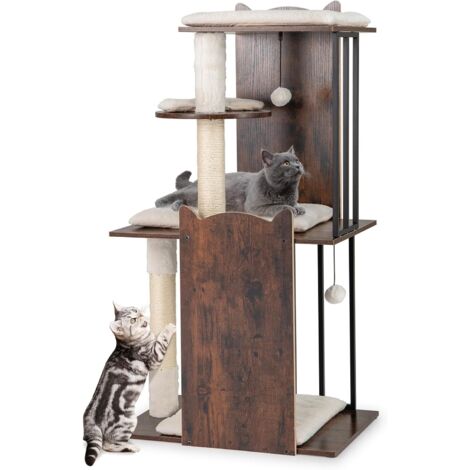 COSTWAY Albero per Gatti Alto 112 cm, Tiragraffi per Gatti in Legno con Posti a Grattare in Sisal, Palline Appese, Cuscini Morbidi Rimovibili e Lavabili, Tiragraffi Gatto per Arrampicata