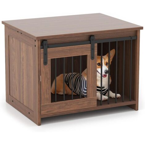 COSTWAY Cuccia per Cani da Esterno ed Interno, Gabbia in Legno con Ampio Piano Superiore, Porta Scorrevole, Tubi in Metallo Resistenti alla Masticazione, Casetta per Cani Piccoli e Medie (Marrone)