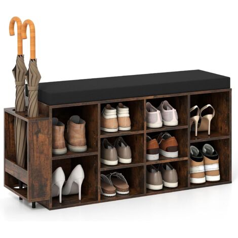 COSTWAY Panca Porta Scarpe con Portaombrelli, Scarpiera da Ingresso a 10 Scomparti con Seduta Imbottita, Ripiani Regolabili e Removibili per Corridoio, Soggiorno e Camera da Letto (Marrone) (1/5)