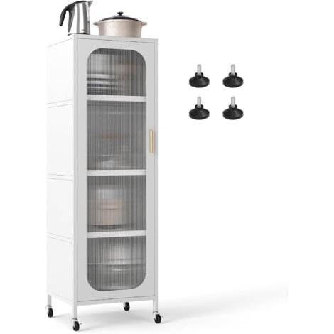 COSTWAY Mobile da Cucina in Metallo a 5 Ripiani, Credenza Salvaspazio con Mensole Regolabili 4 Ruote, Base Intercambiabile e Porta Semitrasparente, Organizzatore per Sala da Pranzo, Soggiorno (Bianco)