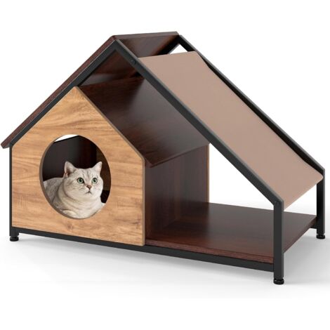 COSTWAY Casetta per Gatti da Interno, Cuccia per Gatti in Legno con Veranda, Tetto Inclinato Staccabile e Struttura in Metallo, Villa Industriale per Gattini, 84 x 43 x 58,5 cm