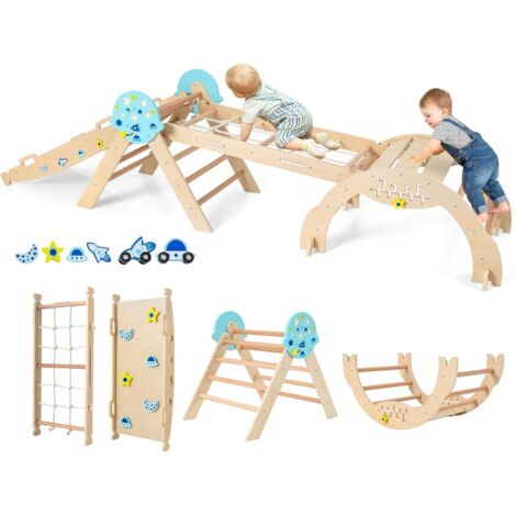 COSTWAY 8 in 1 Set da Arrampicata per Bambini, Giocattoli da Arrampicata in Legno con Triangolo Arco Rampa e Corda, Giochi Montessori per Bambini 1 Anni + (Astronauta 4 pezzi, Naturale)