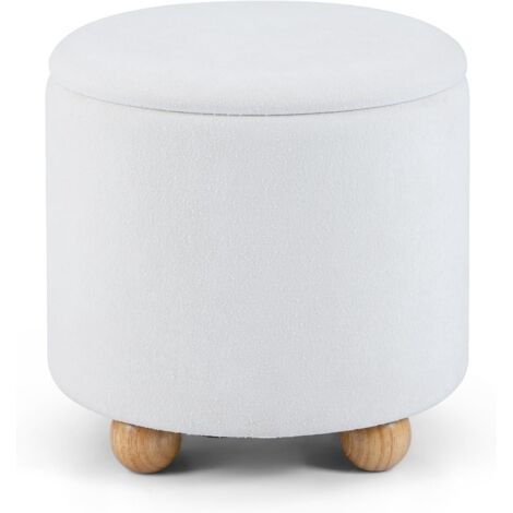 COSTWAY Pouf Contenitore Rotondo 35 L, Poggiapiedi Divano in Tessuto Ciniglia con Coperchio Rimovibile, Sgabello Imbottito con Gambe in Legno di Gomma, per Soggiorno e Camera da Letto (Bianco)