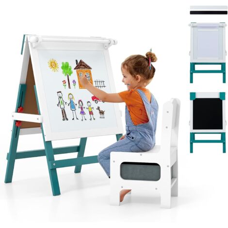 COSTWAY Set 3 in 1 Lavagna e Sedia per Bambini, Cavalletto Altezza Regolabile a Doppia Faccia con Portarotolo di Carta, 2 Barre Magnetiche e Contenitore, per Bambini 3+ Anni (Verde)