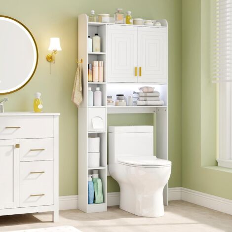 COSTWAY Mobile WC, scaffale da bagno con illuminazione a LED, armadio a 2 ante e 6 scomparti aperti, portarotolo, ripiano regolabile, per bagno, lavanderia (bianco)