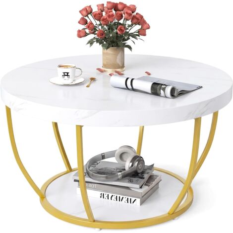 COSTWAY Tavolino da Caffè Rotondo a 2 Ripiani, Tavolo da Salotto in Legno con Struttura in Metallo, Tavolino Soggiorno Industriale con Piedini Regolabili, 80 x 80 x 45 cm (Bianco) (1/5)