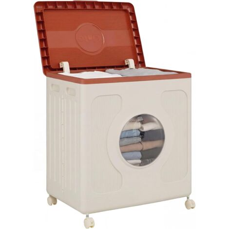 COSTWAY 45 L Scatola di Stoccaggio con Coperchio e Ruote, Contenitore per Bucato con Finestra Trasparente per Vestiti, Organizer Portatile in Plastica per Casa, Palestra e Camera da Letto (Marrone) (1/5)