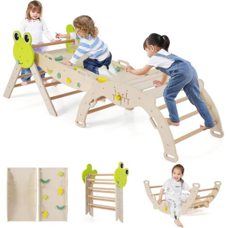 COSTWAY 7 in 1 Set da Arrampicata per Bambini, Giocattoli da Arrampicata in Legno con Rampa Scala e Arco, Gioco del Labirinto, Giochi Montessori per Bambini 1 Anni + (Rana 3 pezzi, Naturale)