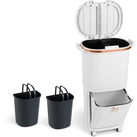 COSTWAY 38L Pattumiera da Cucina con Coperchi, Bidone per Raccolta Differenziata a 2 Piani con 2 Secchi Rimovibili, Pedale e Ruote, Contenitore per Rifiuti (Bianco,2 piani)