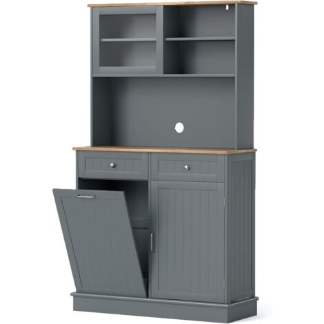 COSTWAY Credenza Alta per Cucina Porta Bidone della Spazzaturi, Mobile Cucina Dispensa con 2 Cassetti, Ante e 2 Ripiani Regolabili, Armadio Cucina in Legno di Gomma, 100 x 34 x 172 cm, Bianco (Grigio)