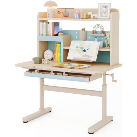 COSTWAY Scrivania per Bambini 3+ Anni, Tavolo da Studio Regolabile in Altezza con Libreria e Cassetto, Piano Inclinabile, Mensole, Leggio e Portapenne, Scrivania per Studiare (Blu)