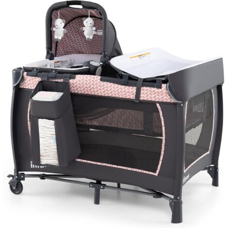 COSTWAY Culla Campeggio Bambini 5 in 1, Lettino Viaggio Neonati Pieghevole con Materasso, Fasciatoio e Tettoia, Box Portatile con Ruote, 2 Giocattoli Appesi e Carillon, per Bambini 0-3 Anni (Rosa)