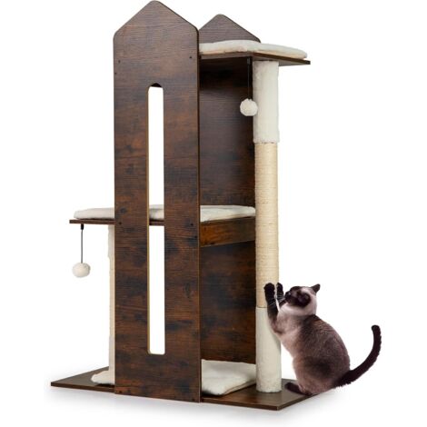 COSTWAY Albero per Gatti Alto 120 cm, Tiragraffi per Gattini in Legno con Posti Graffianti in Sisal, Palline Pendenti, Cuscini Morbidi e Piazzola, Tiragraffi Gatto per Arrampicata