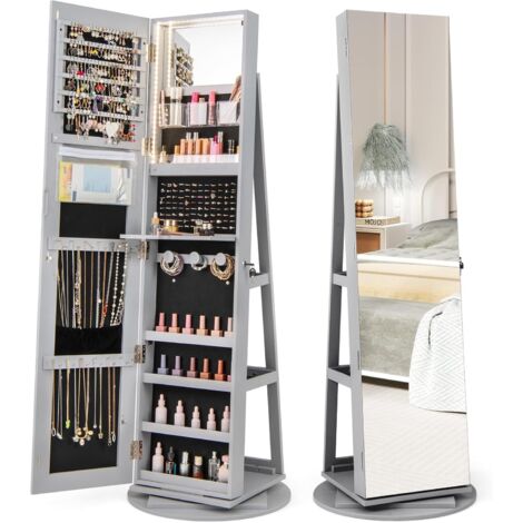 COSTWAY Armadietto Portagioie Girevole a 360°, Specchio Portagioie con Luci LED a 3 Colori, Organizatore da Terra per Gioielli, Con 3 Ripiani e Serratura, 161 x 54,5 x 54,5cm (Grigio) (1/5)