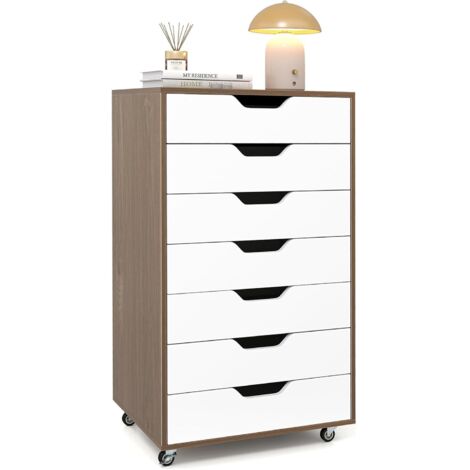 COSTWAY Cassettiera da Ufficio con 7 Cassetti, Mobiletto per Documenti con 4 Ruote Girevoli, Cassettiera da Scrivania in Legno per Ufficio e Soggiorno, 49 x 40 x 87 cm (Naturale + Bianco) (1/5)
