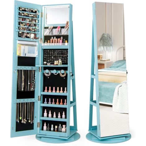 COSTWAY Armadietto Portagioie Girevole a 360°, Specchio Portagioie con Luci LED a 3 Colori, Organizatore da Terra per Gioielli, Con 3 Ripiani e Serratura, 161 x 54,5 x 54,5cm (Blu) (1/5)