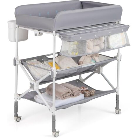 COSTWAY Fasciatoio Pieghevole Neonato, Fasciatoio Portatile con Altezza Regolabile, Comodino per Pannolini con Ruote di Bloccabili, 2 Ripiani, Porta Asciugamani, Cestino di Rifiuti (Grigio)