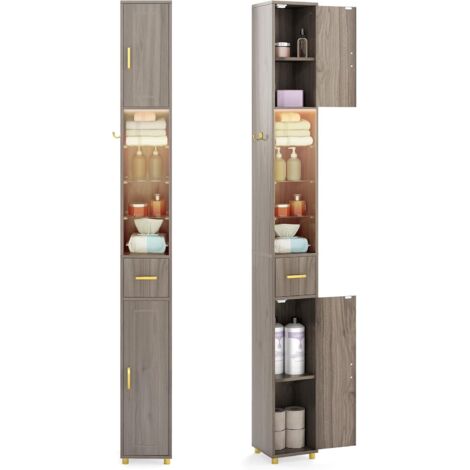 COSTWAY Mobile da Bagno Alto 181 cm, Armadio Stretto con 2 Ante e Ripiani Regolabili, Striscia Luminosa a 3 Colori, 3 Ripiani in Vetro Temperato, Cassetto e Gancio Laterale per Bagno e Cucina (Grigio)