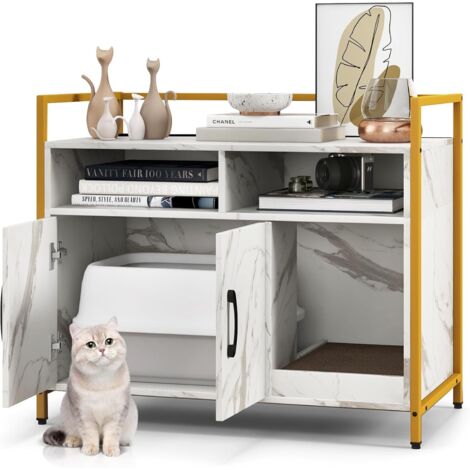 COSTWAY Mobile per Lettiera Gatti con Ripiani Aperti e Ripiani Chiusi con Maniglie, Mobiletto Multiuso in Legno e Metallo, Ideale per Ingresso e Soggiorno, Portata 50 kg (Bianco+Nero) (1/5)