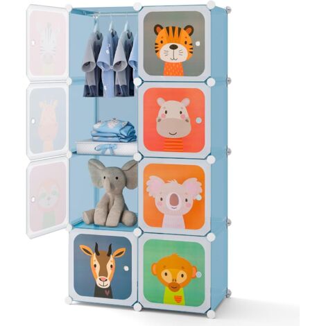 COSTWAY Guardaroba Portatile per Bambini, Armadio Guardaroba Modulare per Bambini con 8 Cubi, per Soggiorno, Camera da Letto, 75 x 35 x 145 cm (Blu)