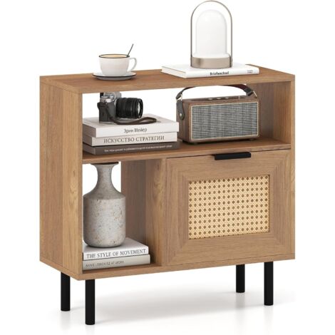 COSTWAY Tavolino da Salotto Boho in Rattan, Comodino con Ripiano Portaoggetti, Armadietto e Gambe in Metallo, Tavolino Versatile per Soggiorno, Camera da Letto e Ingresso (1/5)