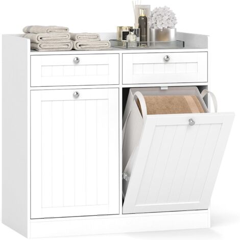 COSTWAY Mobiletto per Biancheria con 2 Cesti Ribaltabili, Mobile da Bagno Indipendente con Ripiano, 2 Cassetti e 2 Sacchi Porta Biancheria Rimovibili, Armadietto in Legno per Bucato (79 x 40 x 80 cm)