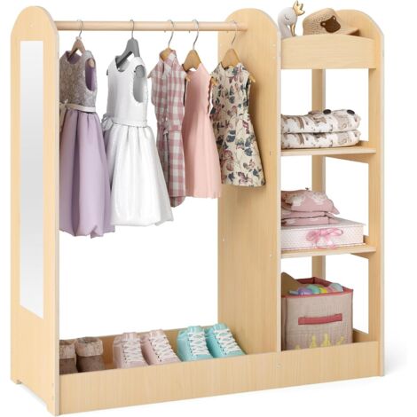 COSTWAY Guardaroba per Bambini in Legno, Mobile per Bambini con Specchio, Appendiabiti e Mensole, Armadio di Stoccaggio per Cameratta, 93,5 x 38 x 100 cm (Naturale)