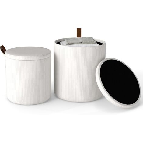 COSTWAY Set di 2 Pouf Contenitore in Velluto, Pouf Rotondi Imbottiti da 40L + 25L, Sgabelli con Contenitore per Soggiorno, Camera da Letto, Portata 150 kg (Bianco)