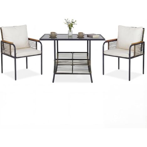 COSTWAY Set Salottino da Giardino in Vimini, Set di Mobili da 3 Pezzi per Esterno Salvaspazio con Cuscini, Tavolo Rettangolare e Sedie in Rattan per Balcone, Veranda, Giardino e Cortile (Beige)