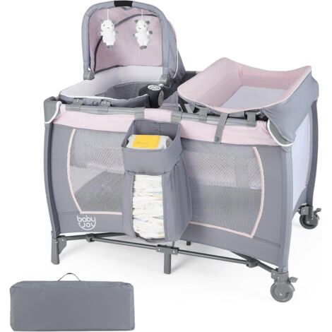 COSTWAY 5 in 1 Lettino da Campeggio Bambini, con Fasciatoio Materasso, Box Portatile con Culla a Dondolo, Barra Giochi, Scatola Musicale e Borsa da Viaggio, per Bambini 0-36 Mesi (Rosa)